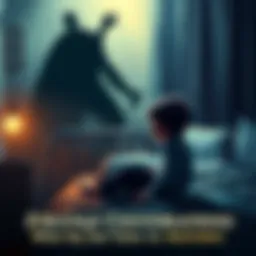 A young boy is sitting on his bed, speaking to a shadowy monster in the corner of the room, with a concerned mother watching nearby.
