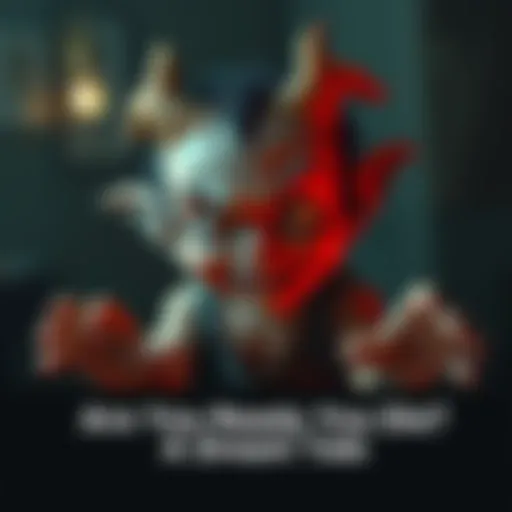 A child-like figure with eerie eyes and a mischievous smile, floating in a dark room, asking 'Are you ready to die?'