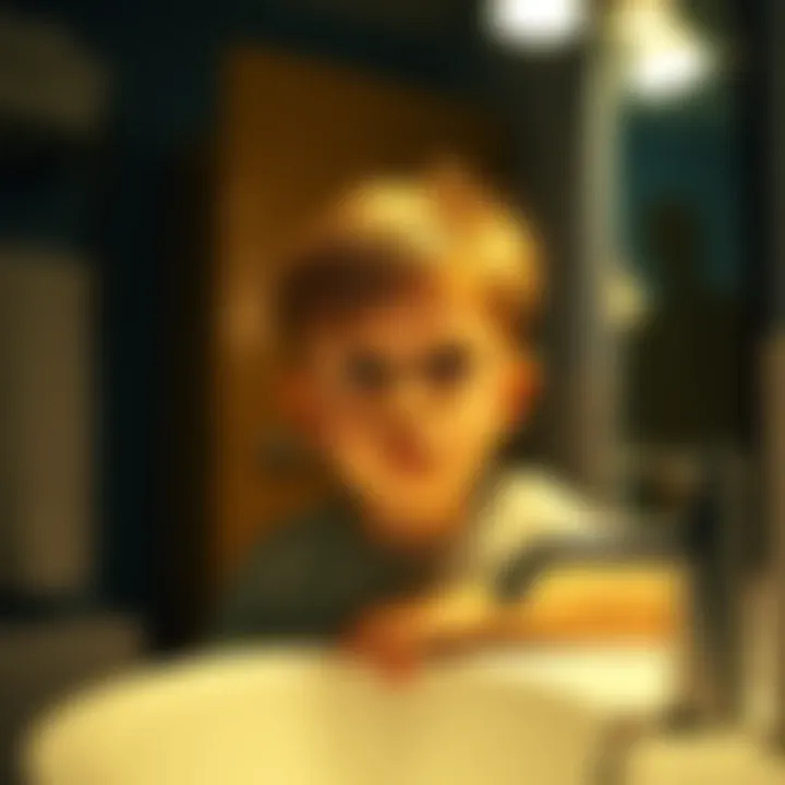 A young child looking confused in a bathroom with lights flickering on and off, while a shadowy figure resembling an adult is seen in the background.