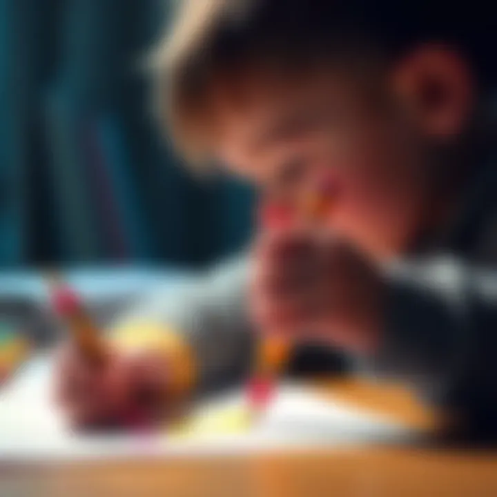 A child holding a crayon in their right hand, focused on drawing on paper, illustrating hand dominance in action.