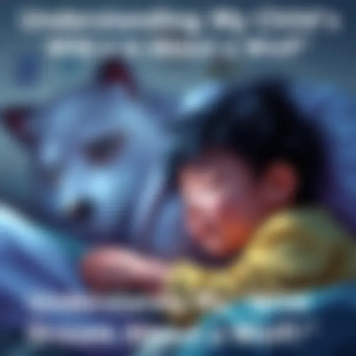 A child sleeping peacefully, imagining a friendly wolf in their dreams, with colorful drawings of game characters in the background.