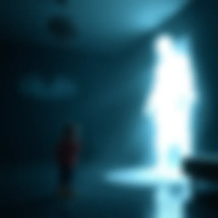 A child stands in a dimly lit room, gazing at a tall, solid white figure that appears ghostly and translucent, evoking a sense of wonder and fear.