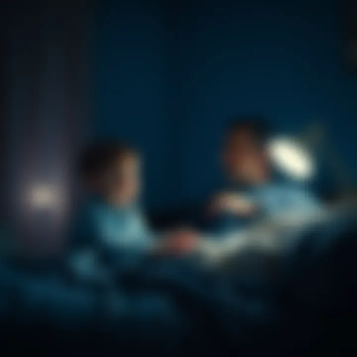 A concerned child discussing their father's strange nighttime behavior while sitting on a bed in a dimly lit room.