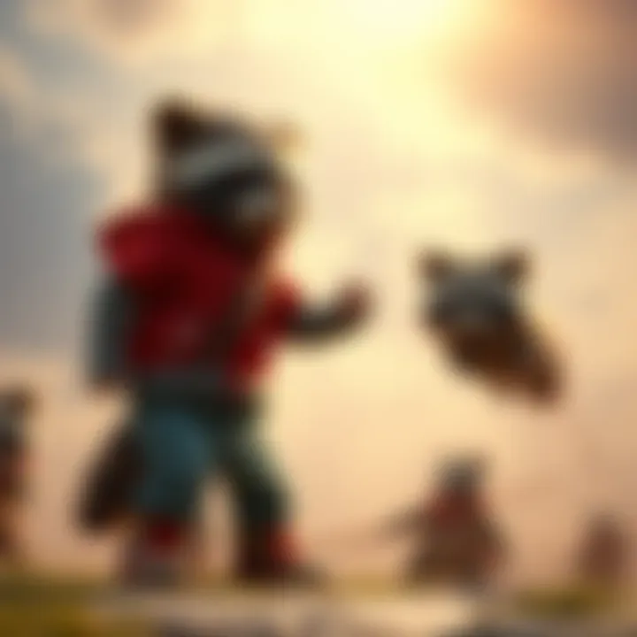 Child fighting raccoons A child stands bravely, joined by a raccoon named Kim-Raccoon, as they prepare to battle against larger raccoons and wealthy elites in the sky.