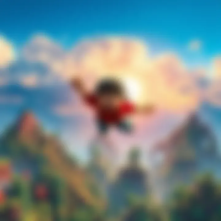 A child dreams of flying above a colorful Minecraft landscape filled with blocky trees and mountains
