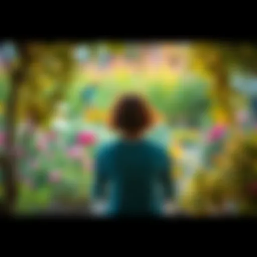 A serene person sitting in a garden, surrounded by nature, reflecting on life choices related to parenthood.