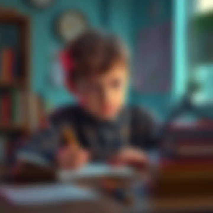 A child sitting at a desk with books and papers, looking frustrated while studying