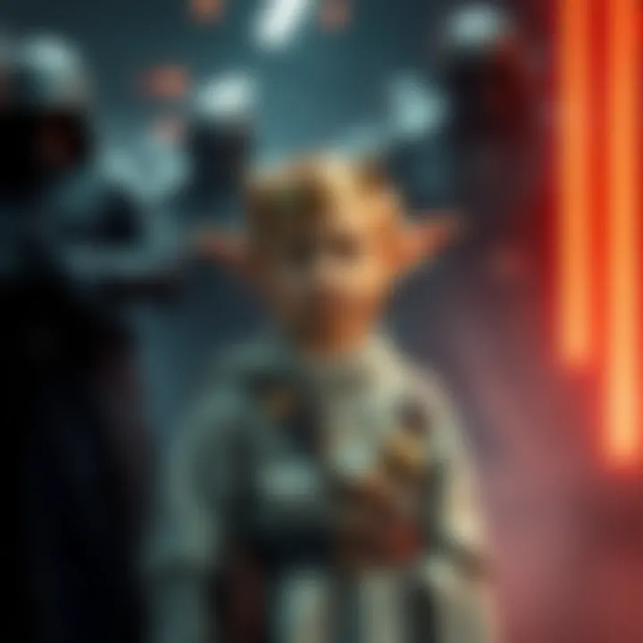 Child with Galactic Empire A young child wearing a royal outfit stands confidently, surrounded by futuristic technology, while dark figures loom in the background, hinting at assassination threats.