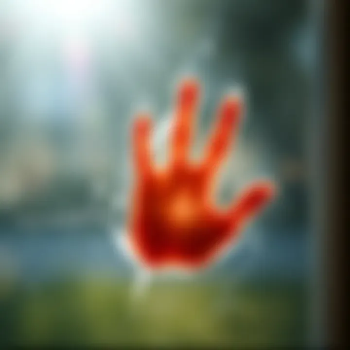 A close-up of a small child's handprint on a clear window, with sunlight shining through, suggesting a presence. The handprint is smudged, indicating a recent touch.