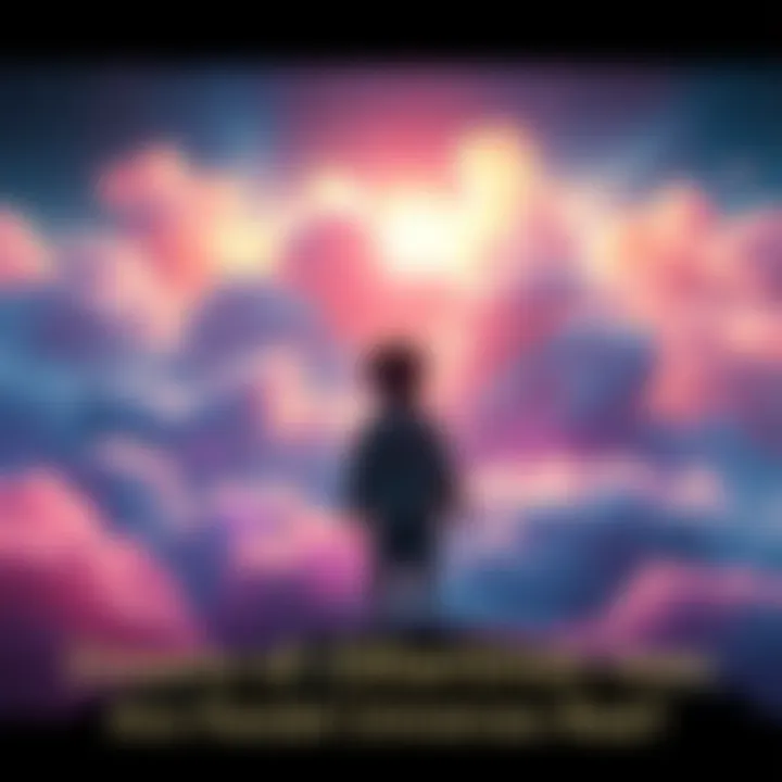 A child stands in a vibrant dream-like environment, surrounded by soft clouds and colorful lights, symbolizing alternate realities.