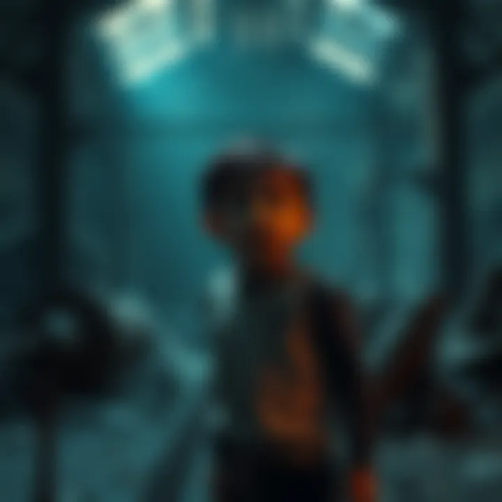 A scared child standing in a dilapidated factory, surrounded by dark shadows and broken machinery, evoking a sense of fear and exploitation.