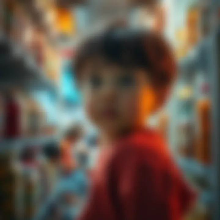 Child in a pantry A young child looking surprised in a pantry filled with jars, with an auditorium of people visible behind them.