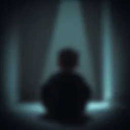 A young child sitting in a dimly lit room, appearing frightened and confused, symbolizing trauma and mind control.