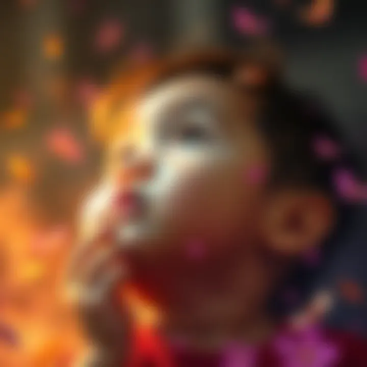 A four-year-old child with a thoughtful expression, looking upwards, surrounded by vibrant colors. This scene reflects a moment of realization and curiosity, capturing the essence of childhood wonder.