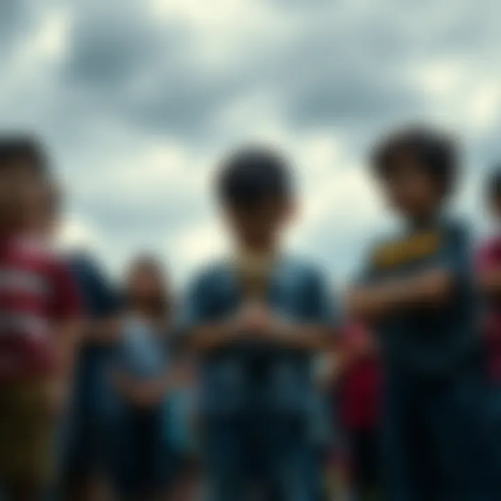 A sad child stands apart from a group of happy kids, looking down while holding a trophy. The child appears lonely and unsure, with a gloomy sky in the background.