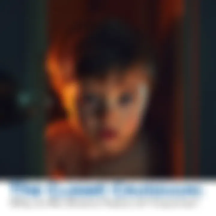 A young child looking cautiously into a dark closet, expressing curiosity and fear.