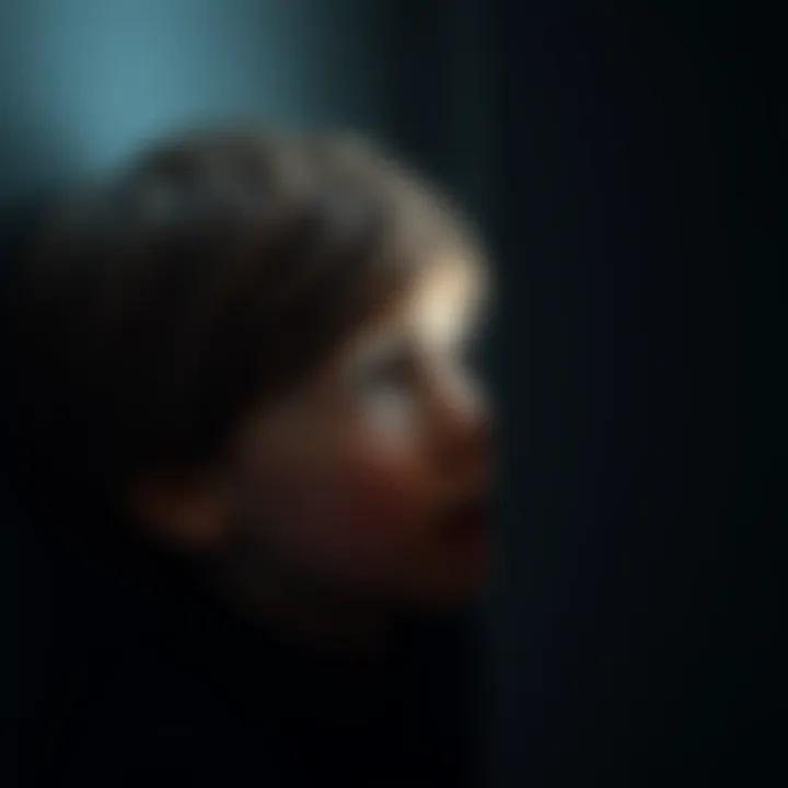 A young boy stares fearfully at a dark corner of his home, imagining a sad face. His expression shows worry and curiosity.