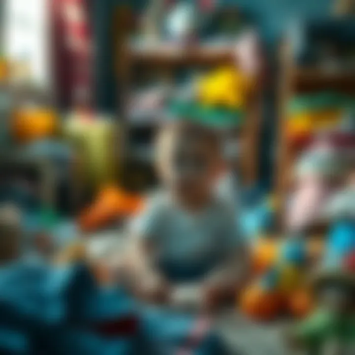 A young child sitting on the floor of a cluttered room, looking sad and lost, surrounded by toys and clothes.