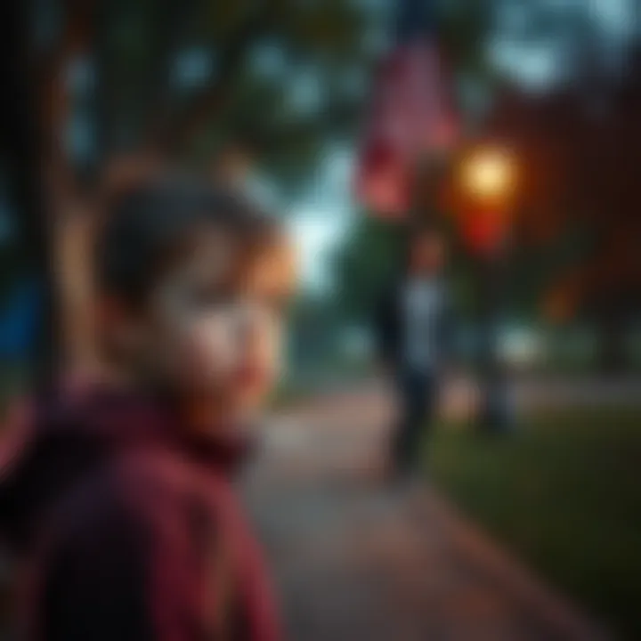 A child is approached by a stranger in a park, showing a look of confusion and fear.
