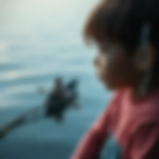 A young child looking out at a calm lake, reflecting on a past drowning experience, with a serene yet haunting expression.