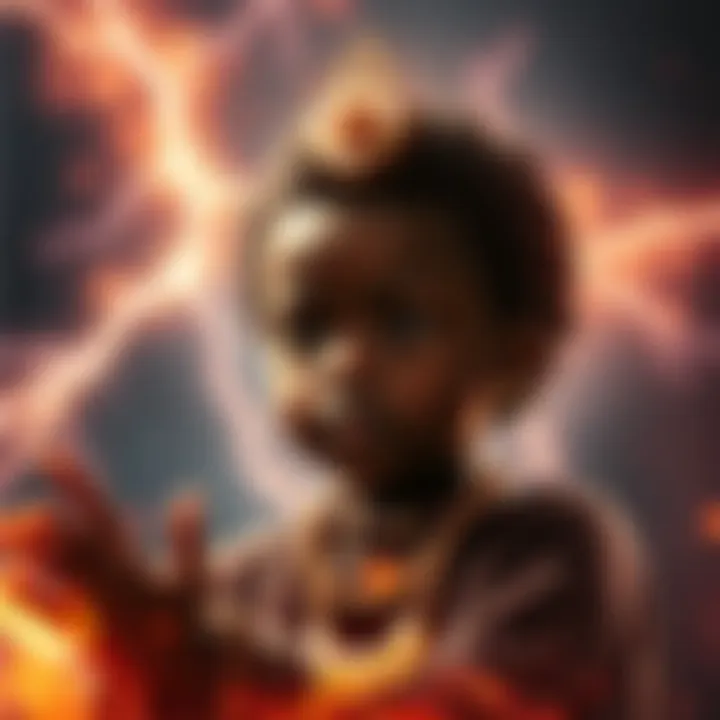 An artistic representation of a child symbolizing Shango with Oya's influence, surrounded by lightning and powerful natural elements.
