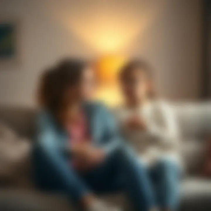 A mother and her daughter sitting on a couch, discussing the daughter's anger and anxiety issues, with a calm and supportive atmosphere.