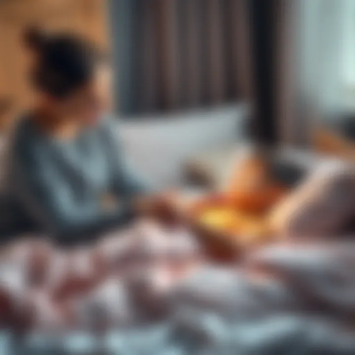 A mother gently performs Reiki on her young son, who is lying calmly in bed, surrounded by a cozy room