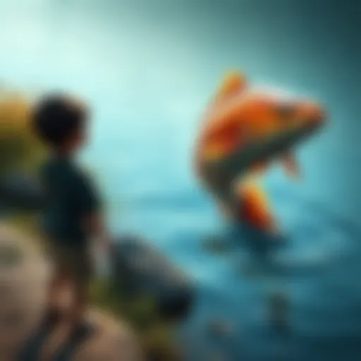 A young boy standing near a riverbank, looking at a large, colorful carp swimming close to the surface of the water, evoking a sense of wonder and fear.