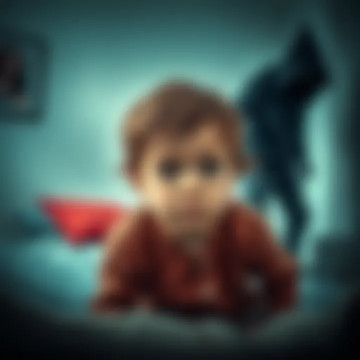 A young child looks worried while sitting on a bed, with a shadowy figure in the background, suggesting a sense of danger.