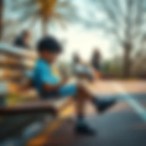 A young student sits on a school bench, gently rubbing their scraped knee, reflecting on the significance of small events in life.
