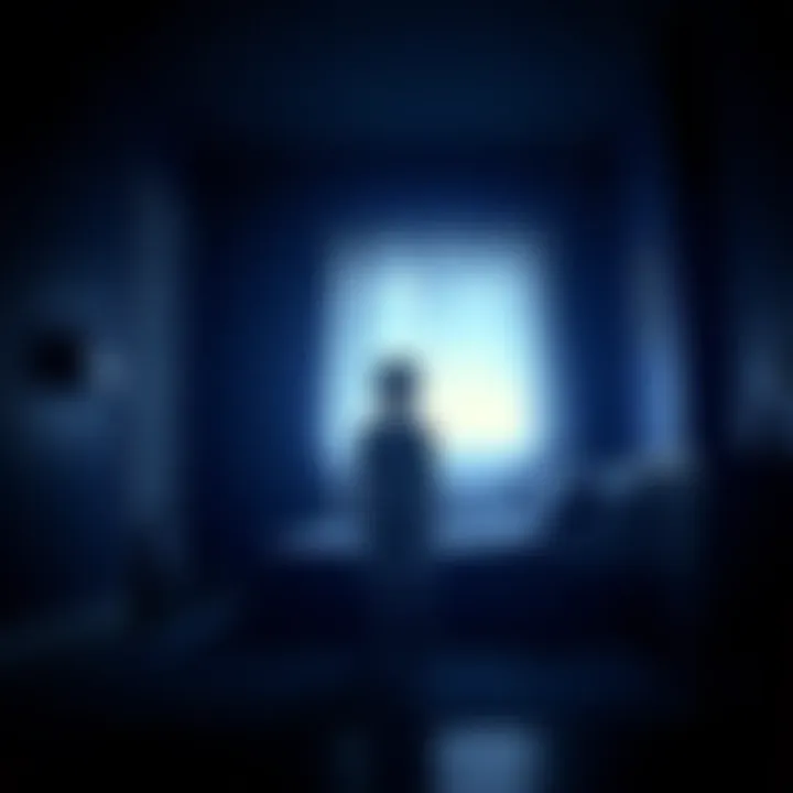 A faint, glowing outline of a child seen in a darkened room with flickering lights, conveying a sense of mystery and presence.
