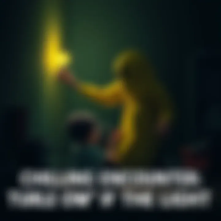 Child in a dim study with a yellow figure A scared child sits in a dark study as a yellow figure looms nearby, reaching for a light switch.