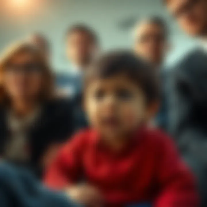 A child in distress while affluent people look on, highlighting the contrast between privilege and suffering.