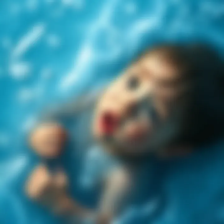A child laying on ice, looking up with a frightened expression, surrounded by icy blue water, unable to scream for help.