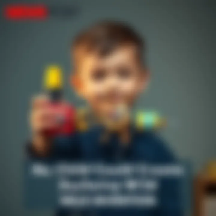 Child with Unusual Invention A young child proudly displays a strange and creative gadget made from household items, showing their imaginative spirit.