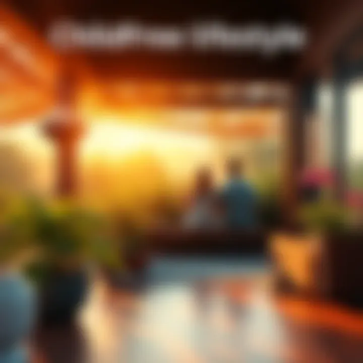 A peaceful scene showing symbols of a childfree lifestyle such as a blooming plant, a couple enjoying nature, and a cozy home.