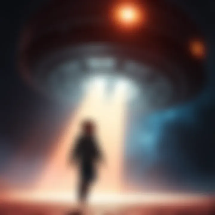 A child being taken aboard a large spaceship by aliens, with a bright light illuminating the surroundings.