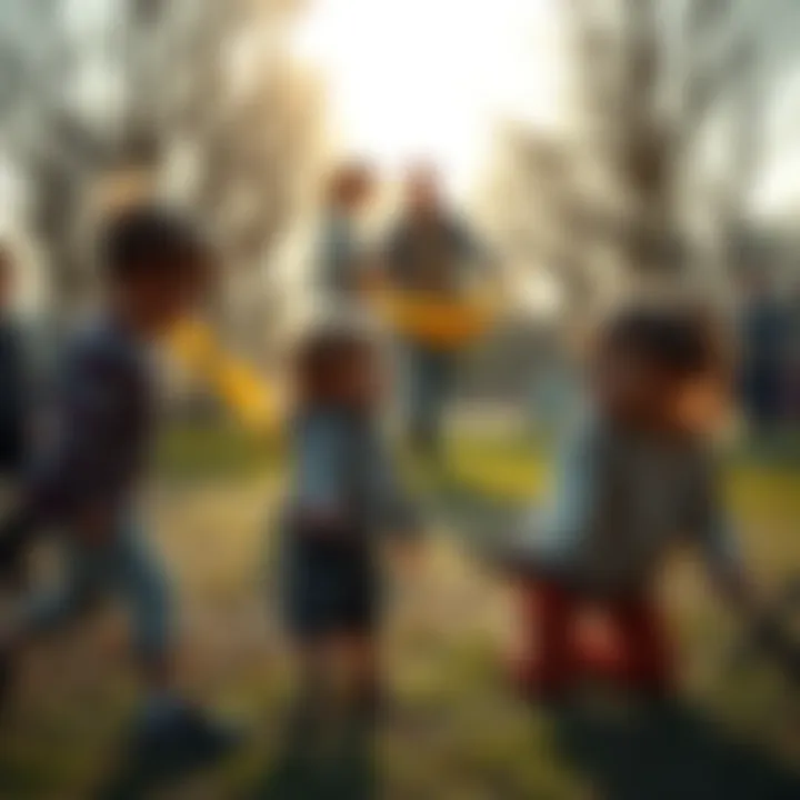 A group of children playing at a park, one child appears to be left out while others laugh nearby, depicting bullying dynamics among Aries individuals.
