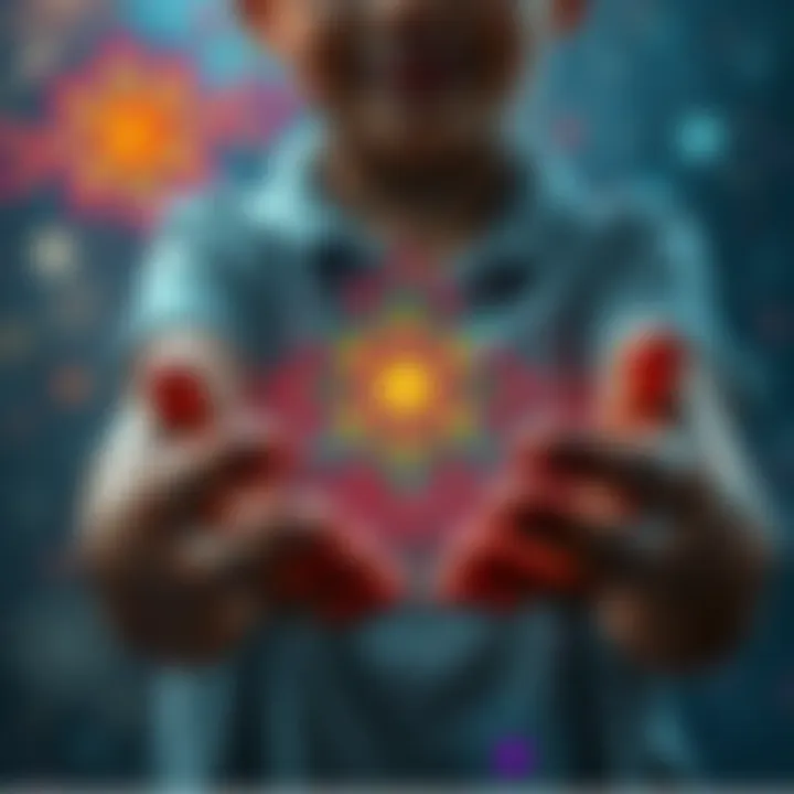 A person holds a colorful sigil drawn in childhood, surrounded by memories and symbols representing their life journey.