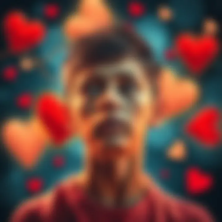 A person looking thoughtful, surrounded by symbols of love and personal growth, reflecting on past trauma and beliefs about relationships.