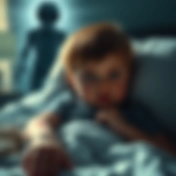 Childhood Alien Abduction Memories A child lies in bed looking scared with unusual marks on their arms while a shadowy figure hovers in the background