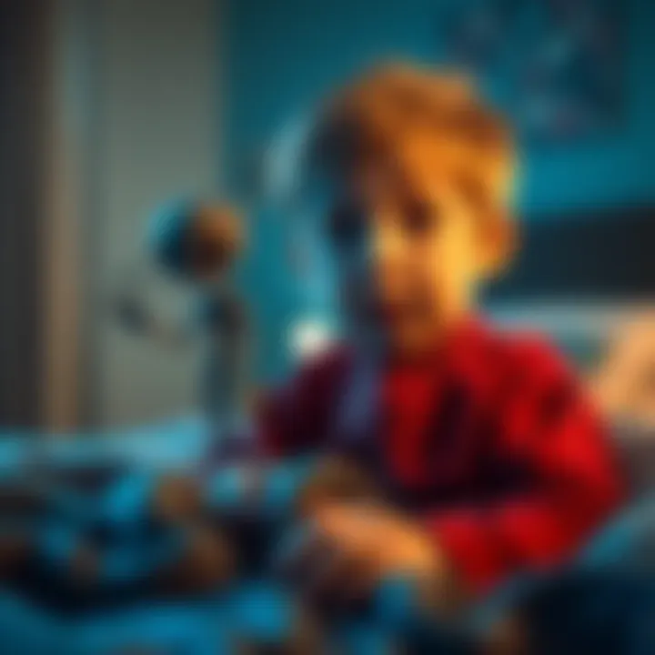 A young child looks surprised as small grey aliens appear in their bedroom at night.