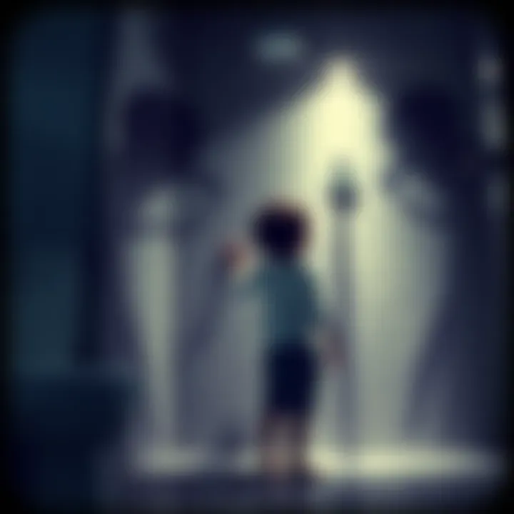 A child stands in a dimly lit bathroom, reaching for the light switch while shadows loom in the background, representing a struggle with darkness.