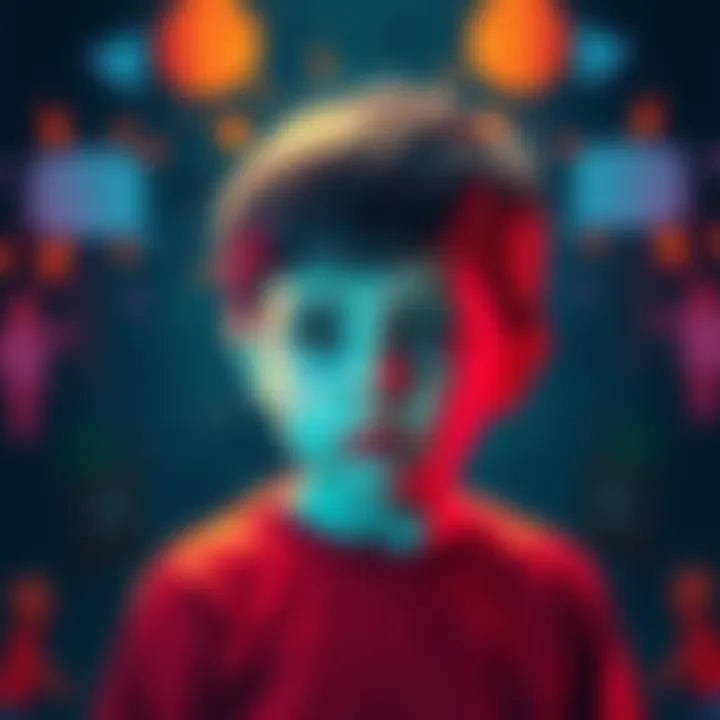 Childhood Conflicts A child looking contemplative while surrounded by abstract representations of social interactions, depicting one-sided relationships.