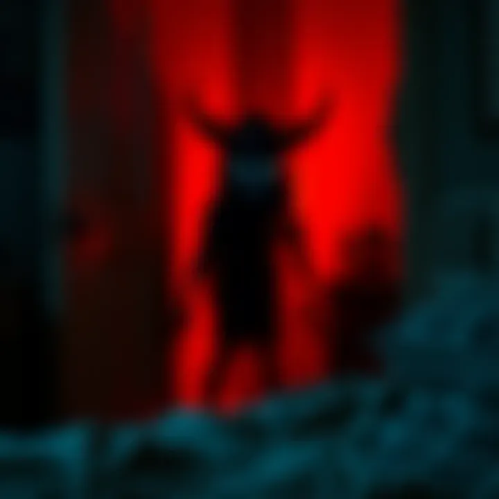 A shadowy figure with glowing eyes lurking in a dark bedroom corner, evoking fear and curiosity from a child's perspective.