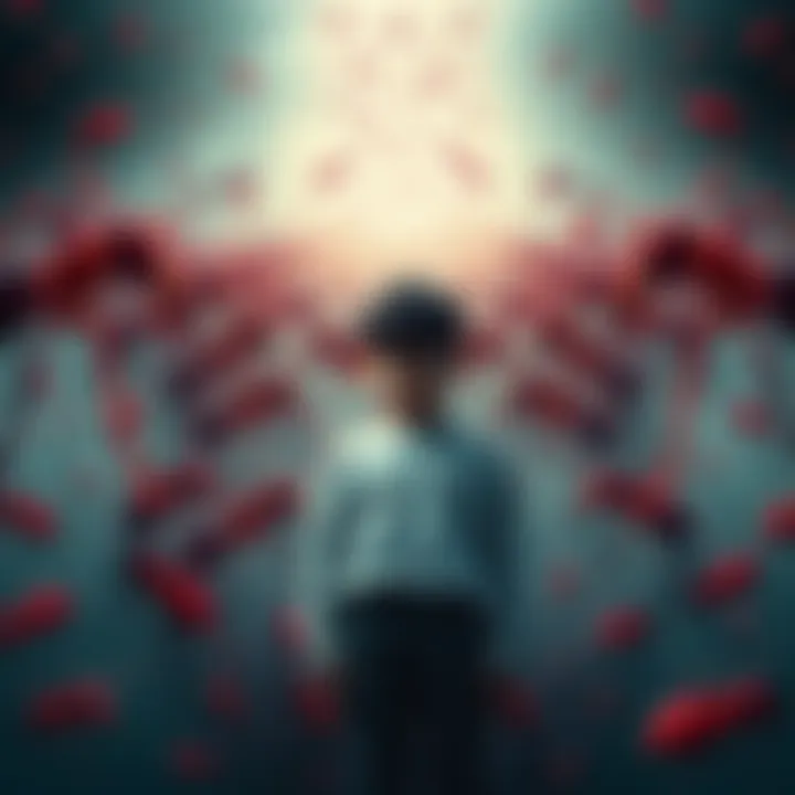 A young person stands among red ants in a dreamlike setting, feeling a mix of fear and wonder, symbolizing a connection to their late grandfather.