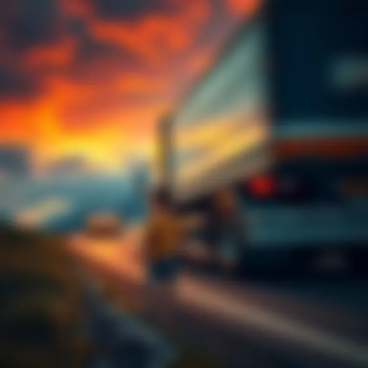 Childhood Dream of a Truck Accident A child standing on the roadside, watching a large truck speeding by, with a worried expression on their face, symbolizing fear of large vehicles