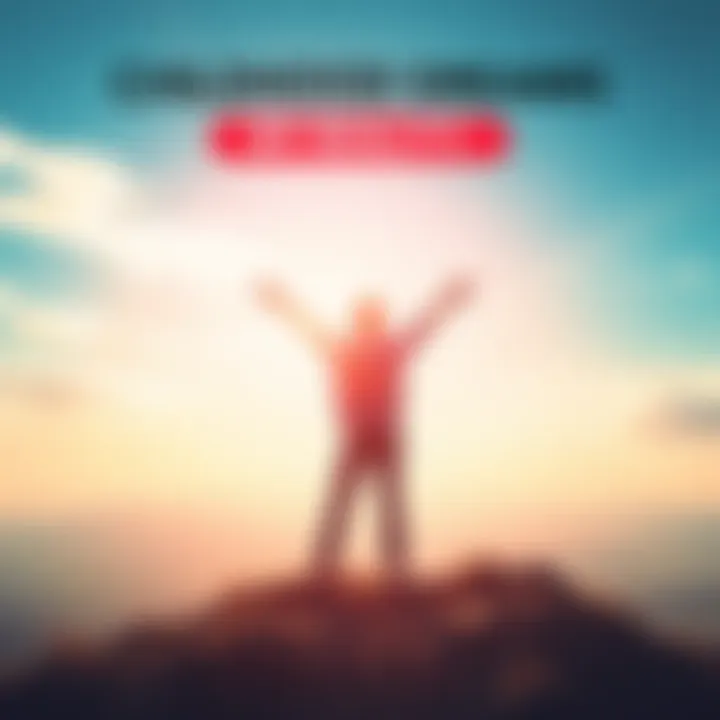 A person standing on a hilltop with arms raised, celebrating their achievements, surrounded by a bright sky and colorful landscape.
