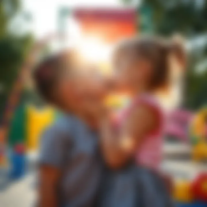 A young boy and girl share a sweet kiss in a playground, surrounded by colorful toys and bright sunlight.
