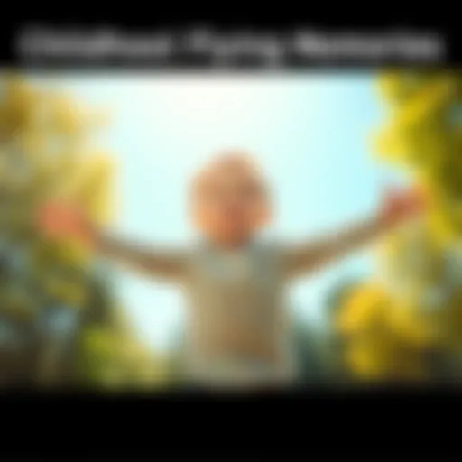 Childhood Flying Memories A child with arms spread wide, pretending to fly in a sunny park, surrounded by trees and bright blue sky.